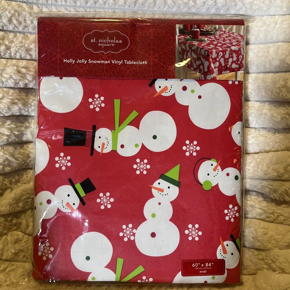 St Nicholas Square Holly Jolly Snowman Vinyl Tablecloth 60" x 84" Oval Red White